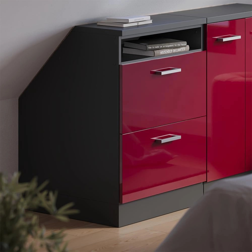 Mobile sottotetto Rion, Rosso lucido, 60 x 81.6 cm con 2 cassetti, carcassa 60 cm profondità, adatto per il salvaspazio sotto tetti spioventi
