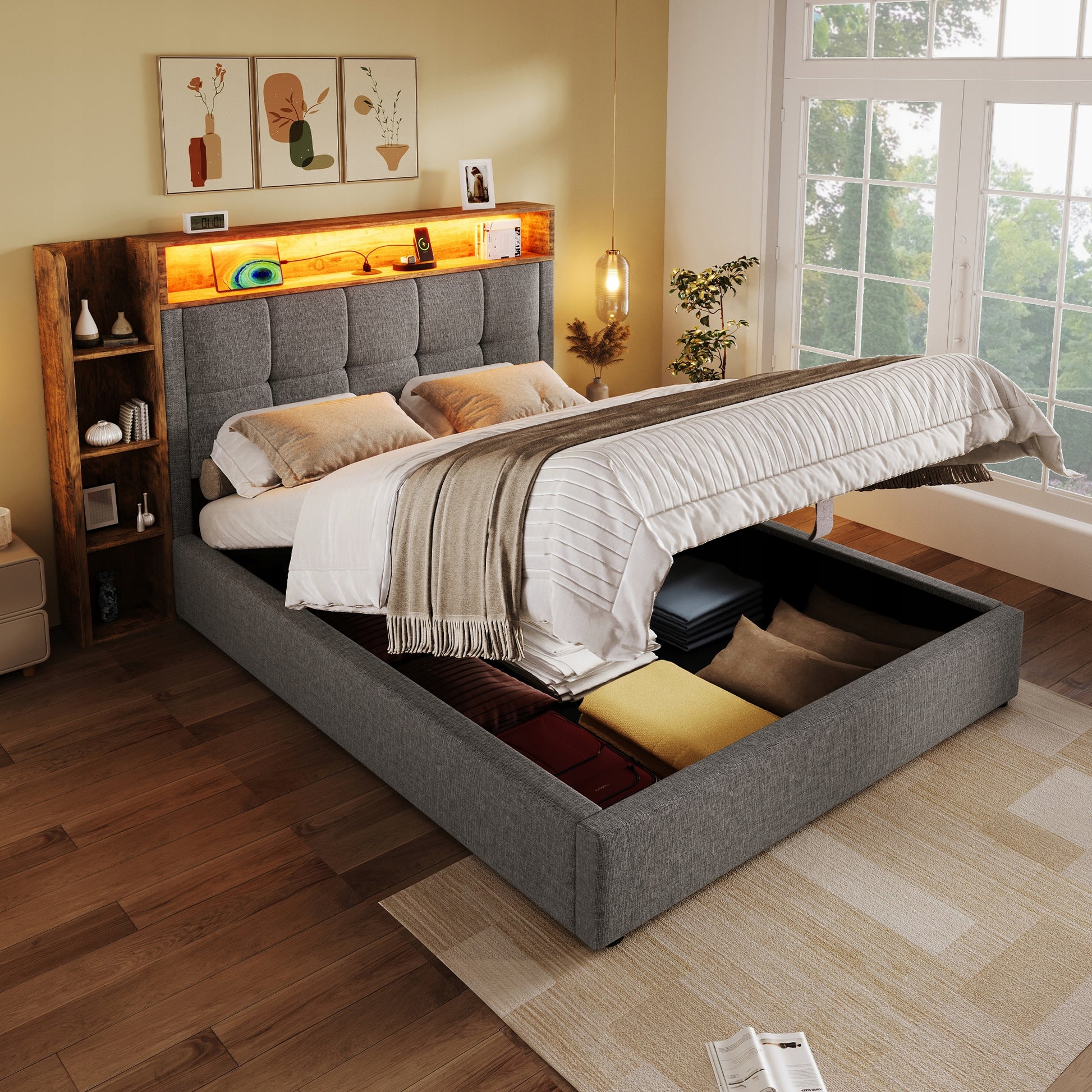 Letto imbottito 90x200 - Xylo - Grigio, LED, USB-C, controllo app