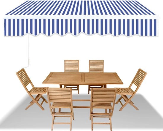 Ombrellone a Knikarm 350 x 300 cm Impermeabile Poliestere 280 g/m² Manuale Terrazza e Balcone Blu e bianche strisce