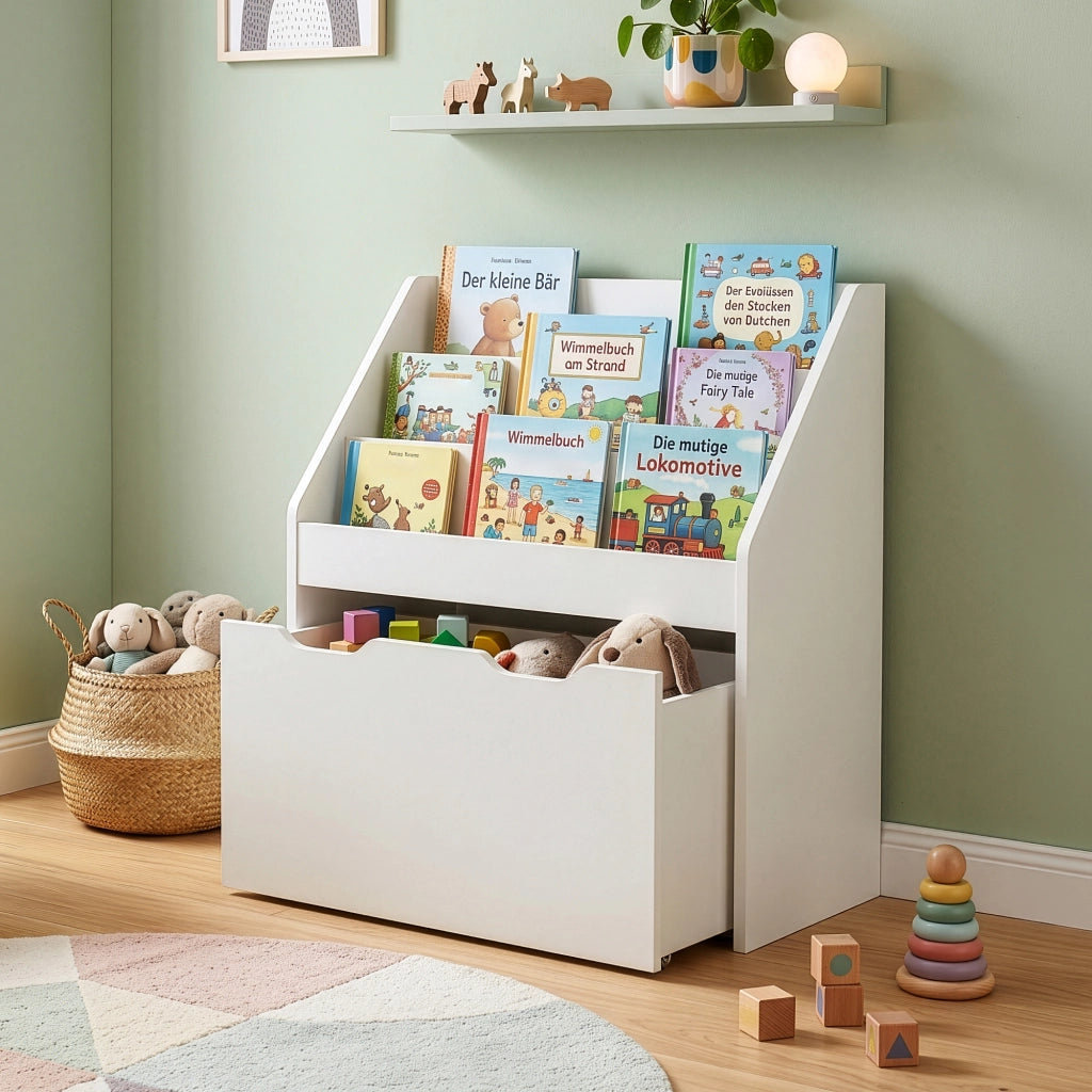 Libreria a Scaletta Sirlstalo per Cameretta Scaffale con 3 Scomparti e Cassetto a Rotelle 70 x 63 x 30 cm - Bianco [en.casa]