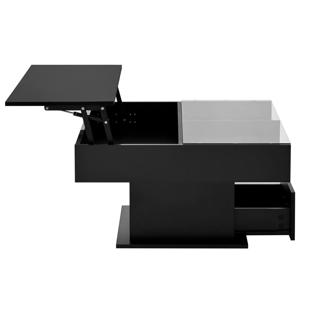 Tavolino da caffè 78x78x45.5/59.5 cm; sollevabile con LED e vano contenitore; truciolare; nero