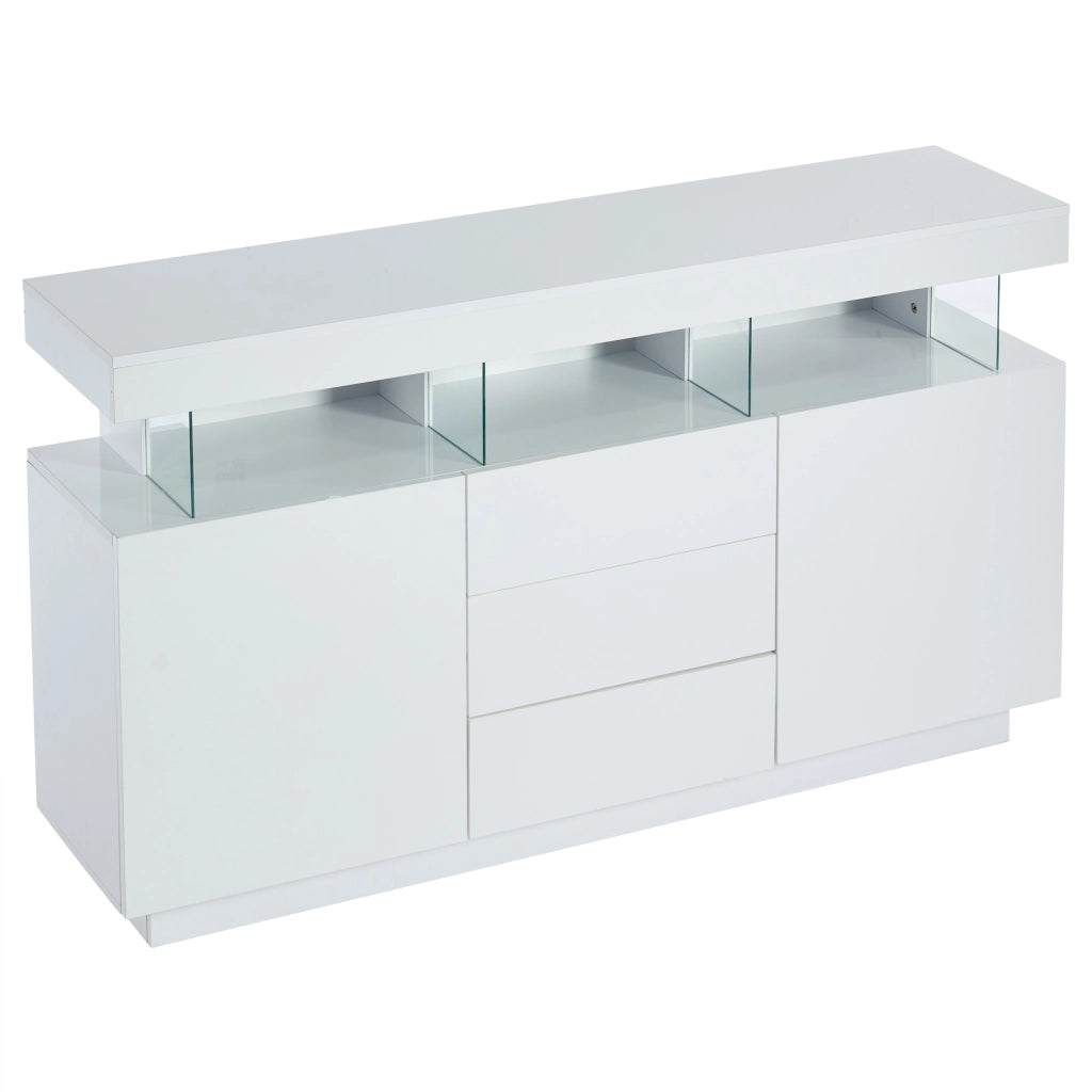 Sideboard moderno 140 x 35 x 80 cm bianco lucido con LED, 3 cassetti e 2 ante