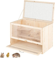 Gabbia per Criceti, Gabbia Criceti in Legno con Tetto Ribaltabile in Rete, Aree Multi-Scala, Rampa, Pannello in Acrilico e Porta Bloccabile, 60 x 35,5 x 42 cm