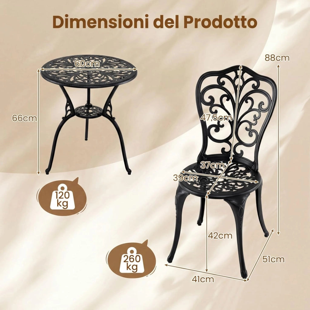 Set Tavolino e Sedie in Alluminio 3 Pezzi, Set Bistro da Esterno con Foro per Ombrellone, Mobili da Giardino per Cortile Patio Terrazza (Modello 3)