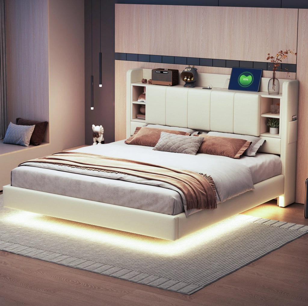 Letto matrimoniale imbottito 160x200 cm beige con LED e USB