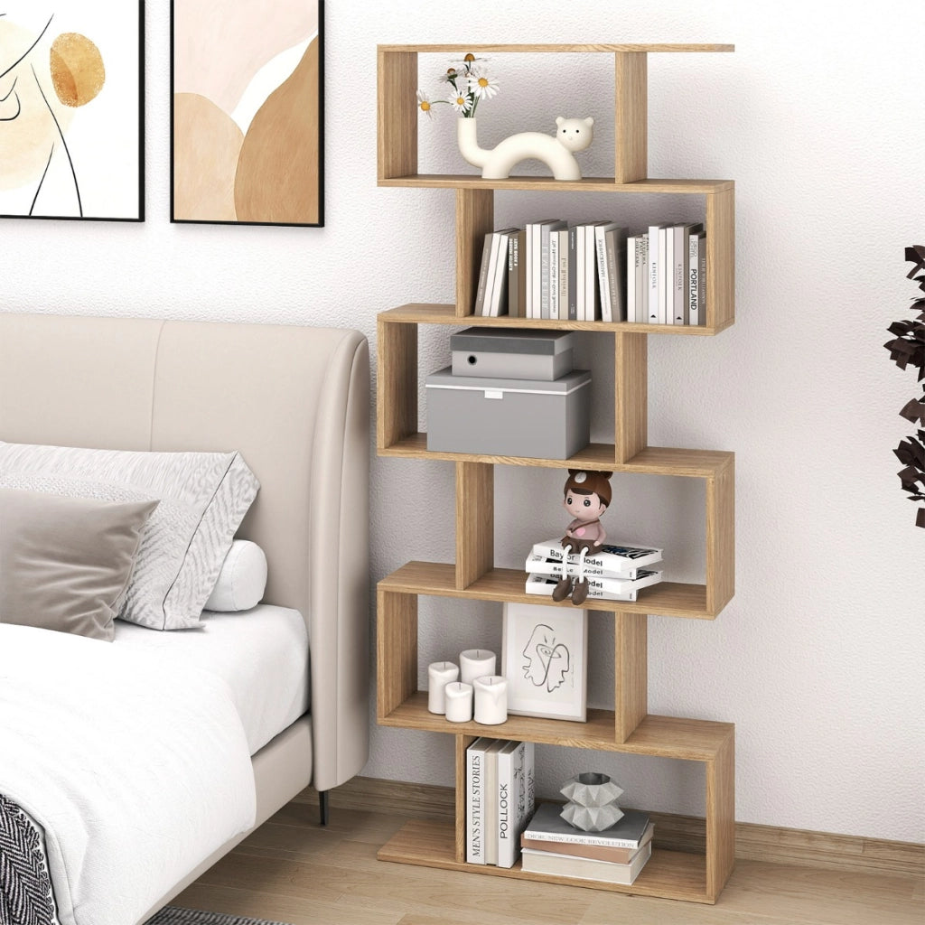 Libreria a 6 livelli a forma di S con dispositivo antiribaltamento-Scaffale di legno per casa e ufficio Legno naturale
