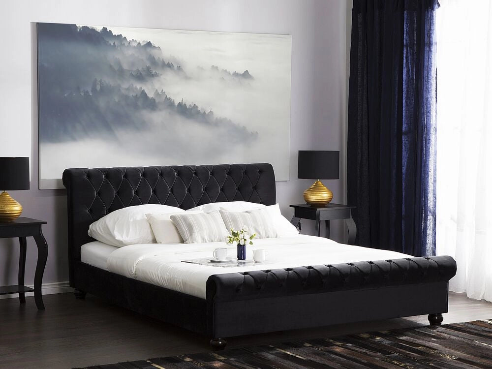 Letto rivestimento in velluto Nero Gambe in legno Nero 180 x 200 cm abbottonato Glam