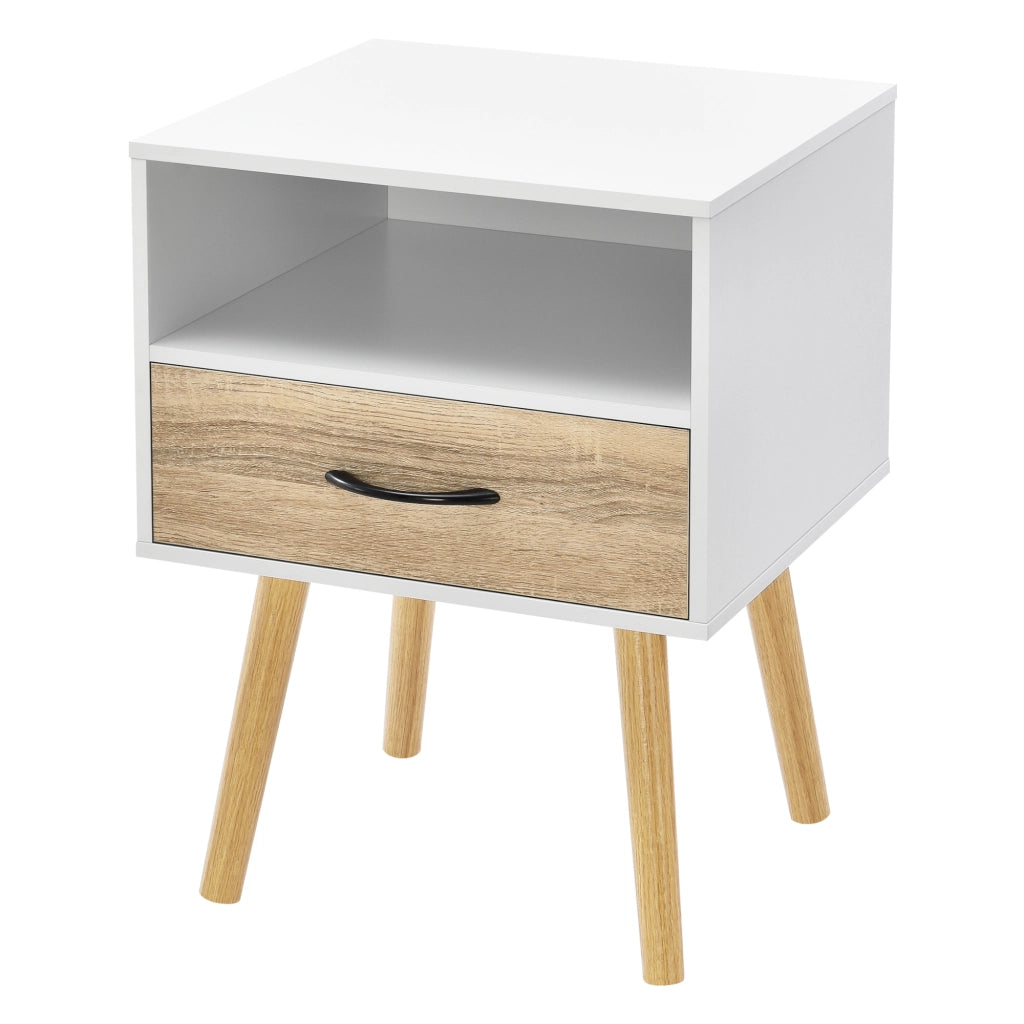 Comodino Gävle con Cassetto e Scomparto Aperto - Bianco / Effetto Rovere [en.casa]