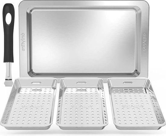 Impasto Grillmando Set - Acciaio Inossidabile Forato - Cestino BBQ - Piatto di Servizio e Manico - Scala di Verdura - Scala di Griglia - Mandolina per Verdure - Carne - Verdure e Pane - Contenuto HTML