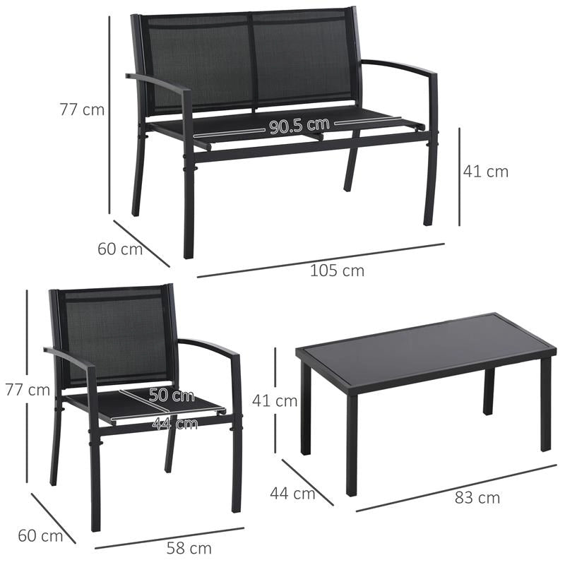 SALOTTO DA ESTERNO, SET 4 PEZZI CON 1 TAVOLINO, 2 SEDIE DA GIARDINO E 1 PANCA IN METALLO, NERO