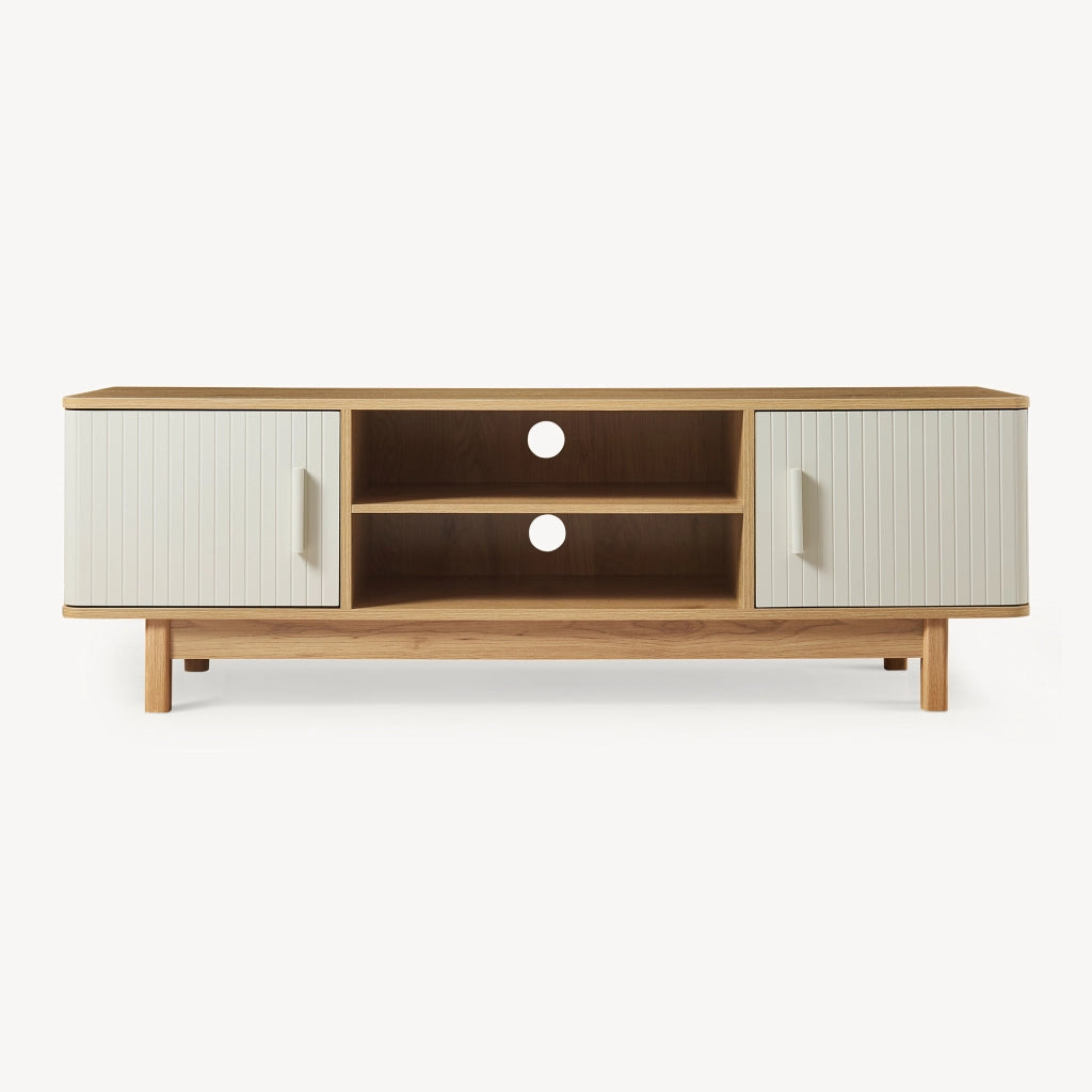 Mobile Porta TV Ferrersp a 2 Ante e Scomparti Aperti 140 x 40 x 45 cm - Effetto Rovere / Avena Oatmeal [en.casa]