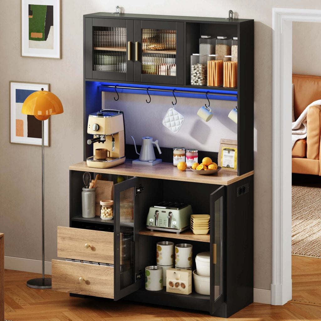 Colonna da cucina con LED prese e USB 4 ante in vetro temperato ripiani regolabili in MDF nero 110 × 40 × 178 cm