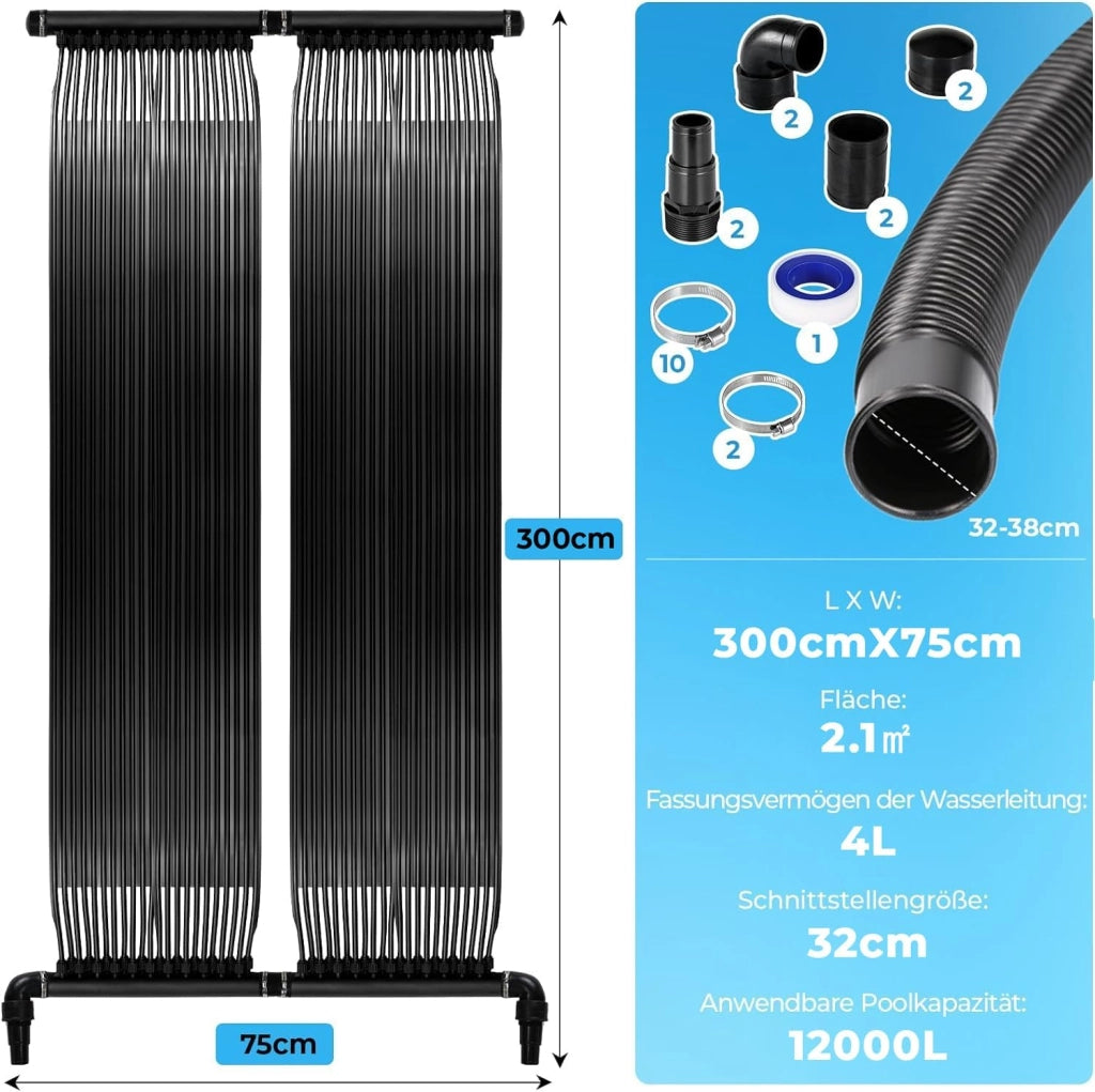 Collettore Solare per Piscina 300x75 cm, Riscaldatore per Piscina, Riscaldamento Solare per Piscine, Riscaldatore Solare, Piscina 2,1㎡ Fino a 12000 Litri Contenuto d'Acqua, Resistente UV