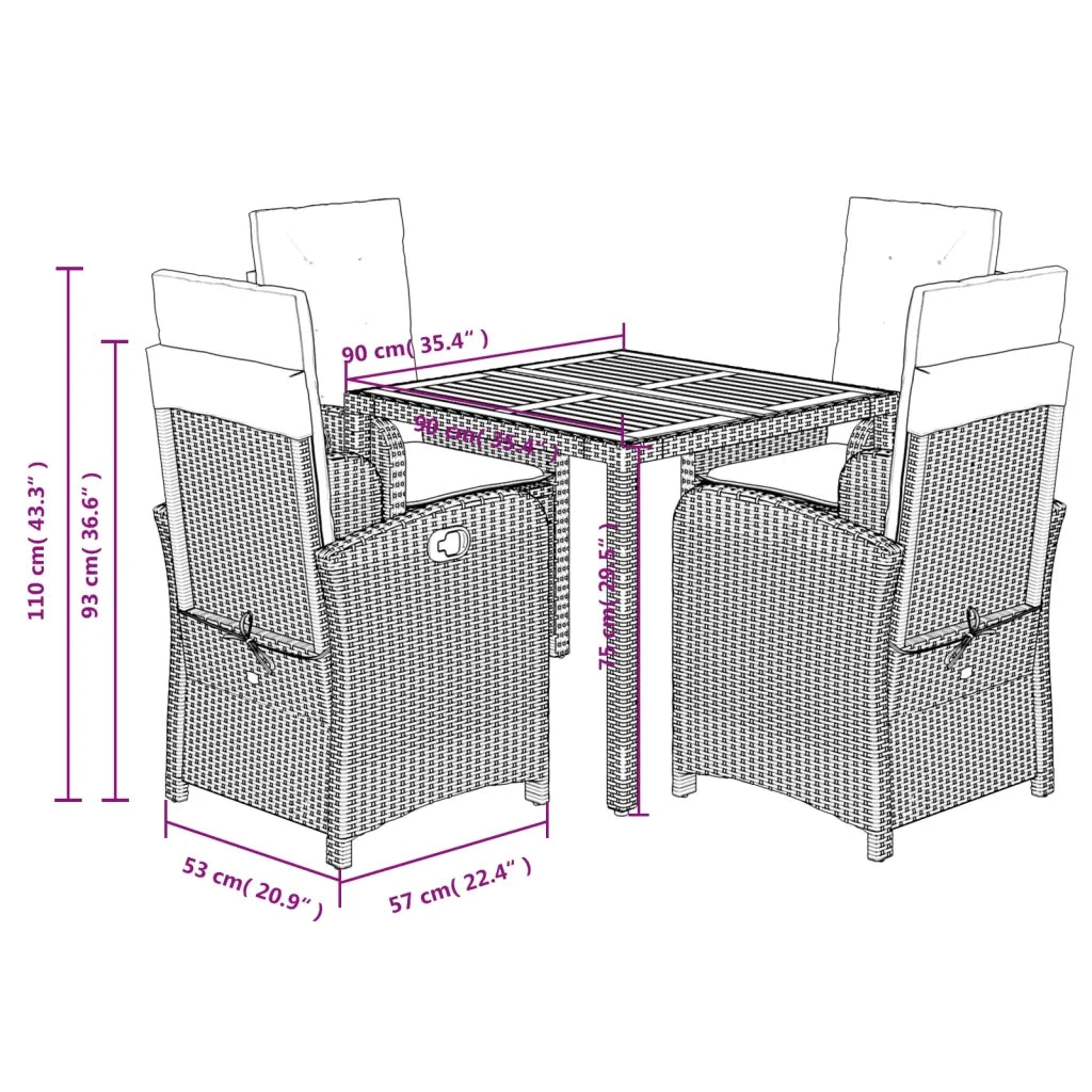 Set da Pranzo da Giardino 5 pz Nero con Cuscini in Polyrattan 3212231