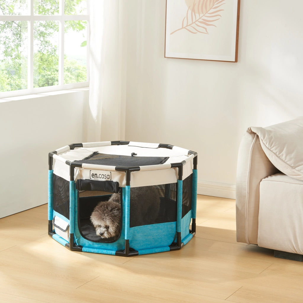 Kennel Nærøysund Rifugio Coperto per Cani e Gatti 112 x 112 x 62 cm Blu / Beige [en.casa]