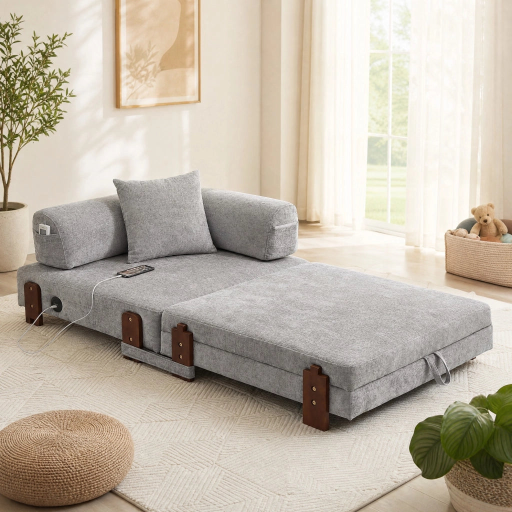Divano letto compatto grigio chiaro in tessuto con USB Type-C e vano contenitore
