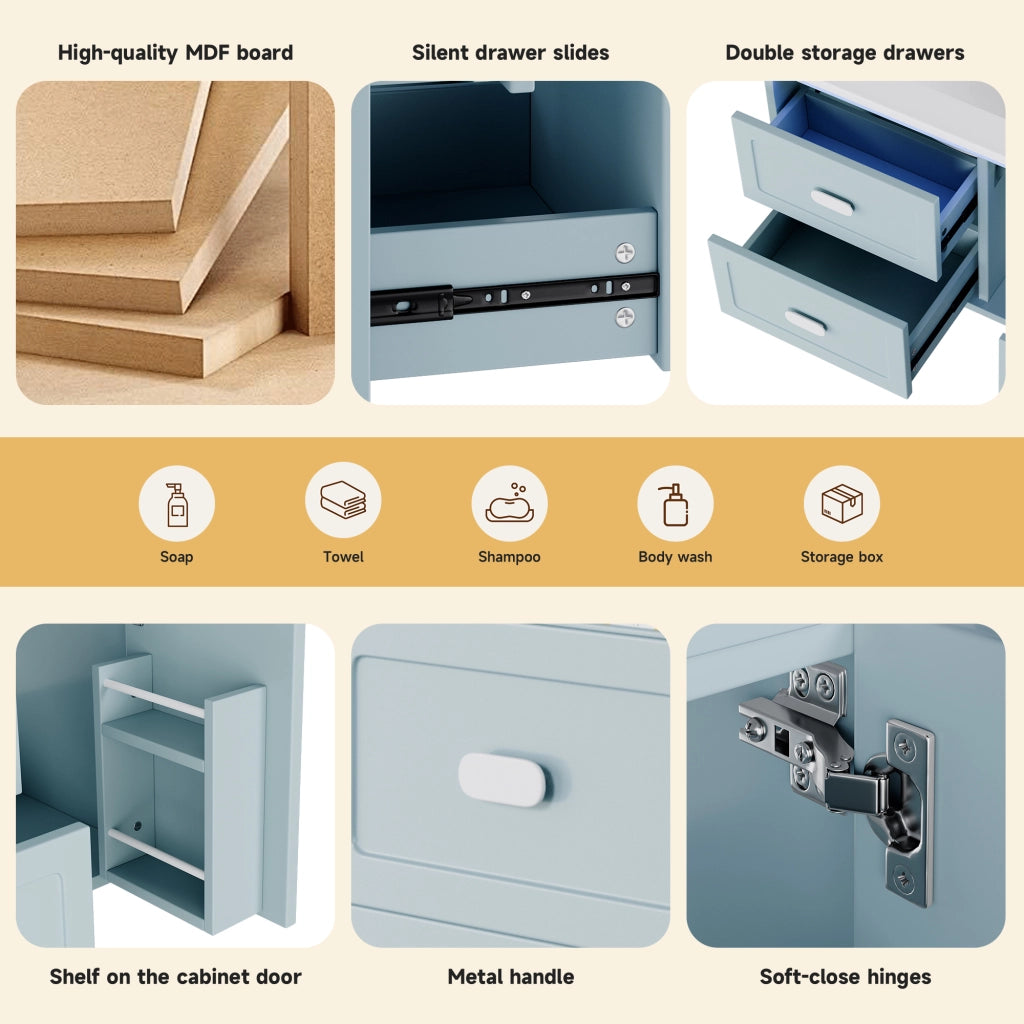 Mobile sottolavabo con lavabo in ceramica, LED a sensore radar, 2 cassetti e vano, per bagno, blu, 76 × 46 × 51 cm