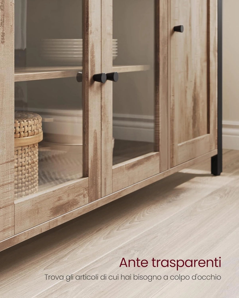 VASAGLE Credenza, Mobile da Cucina, Mobile Contenitore, con 3 Ante, per Soggiorno, Cucina, Sala da Pranzo, 33 x 110 x 75 cm, Stile Country, Marrone Cammello e Nero Inchiostro LSC096B50
