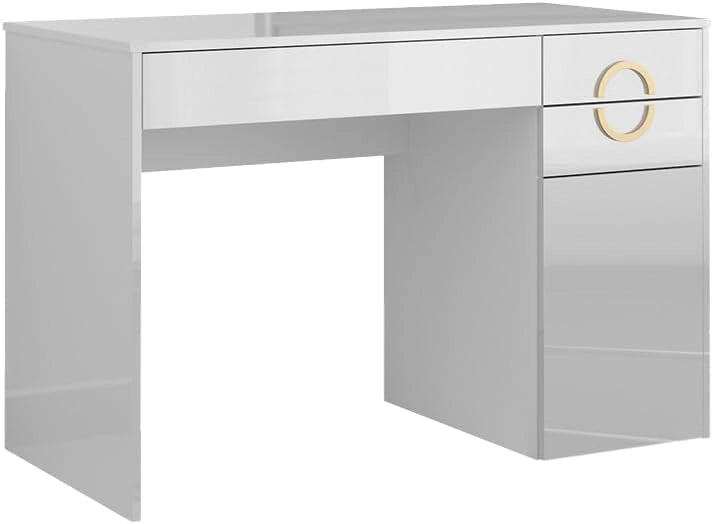 Scrivania Adela, Bianco lucido, 115 x 55 cm con 3 cassetti, adatto come postazione di lavoro per smart working e studio