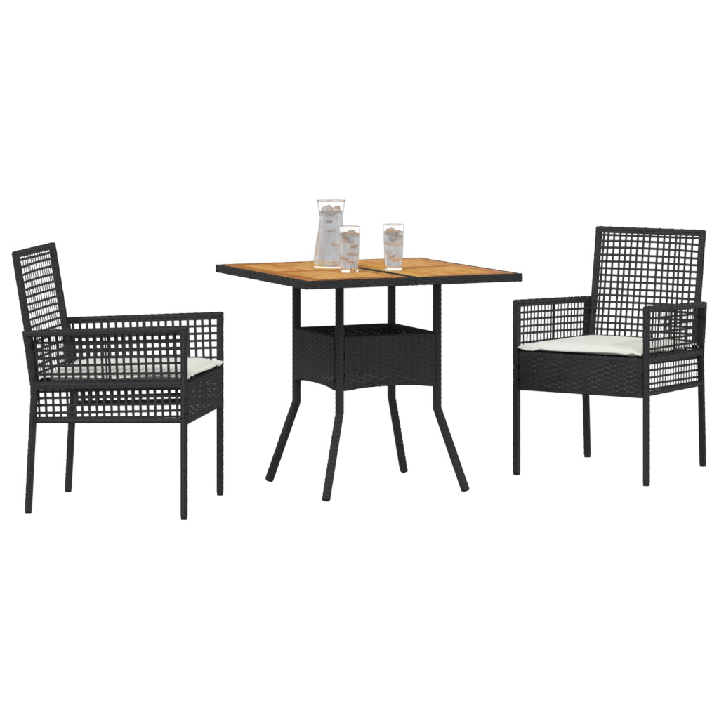 Set da Pranzo da Giardino 3 Pezzi con Cuscini Nero Polyrattan