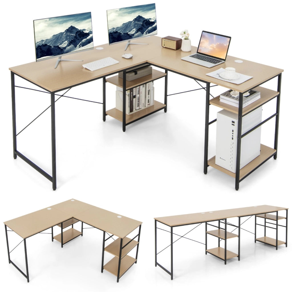 Ampia scrivania per computer a forma di L, Scrivania ad angolo convertibile con 4 ripiani di stoccaggio Naturale-Scrivanie