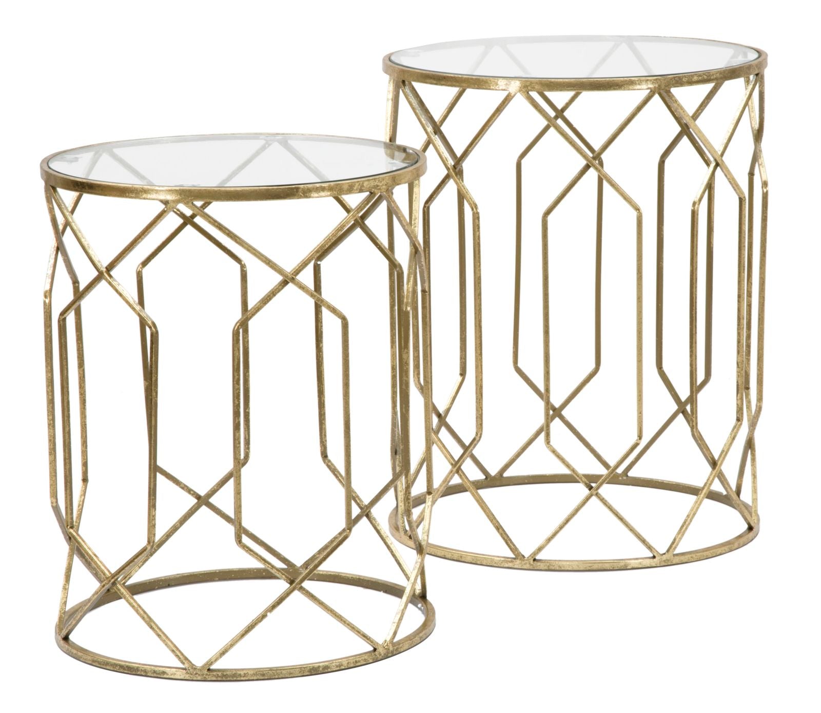 Tavolinetti Tunisi Coppia Ø42x53-38x47 cm in Ferro e Vetro Oro