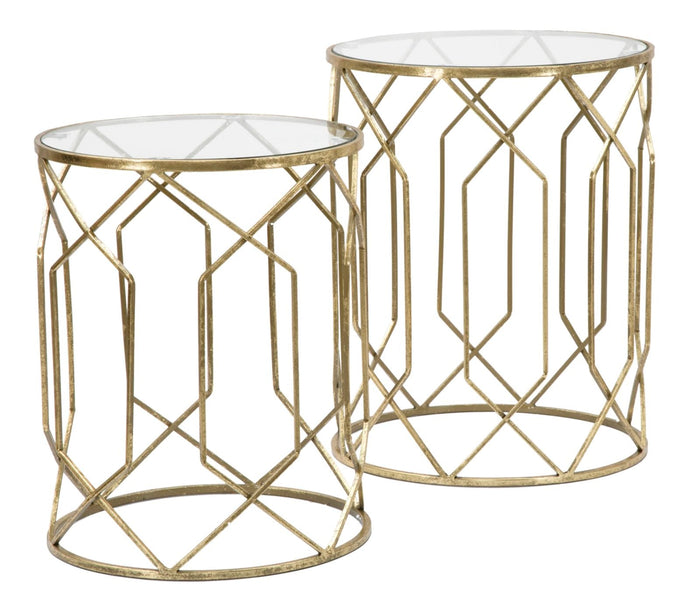 Tavolinetti Tunisi Coppia Ø42x53-38x47 cm in Ferro e Vetro Oro