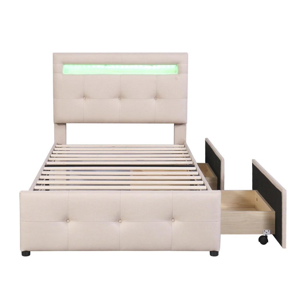 Letto imbottito 90x200 cm con LED; 2 cassetti; testiera regolabile; beige