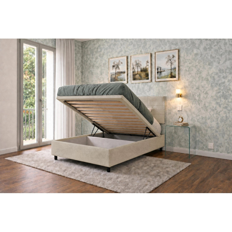 Letto imbottito Singolo 80x200 cm Square - Contenitore,Microfibra,Sabbia