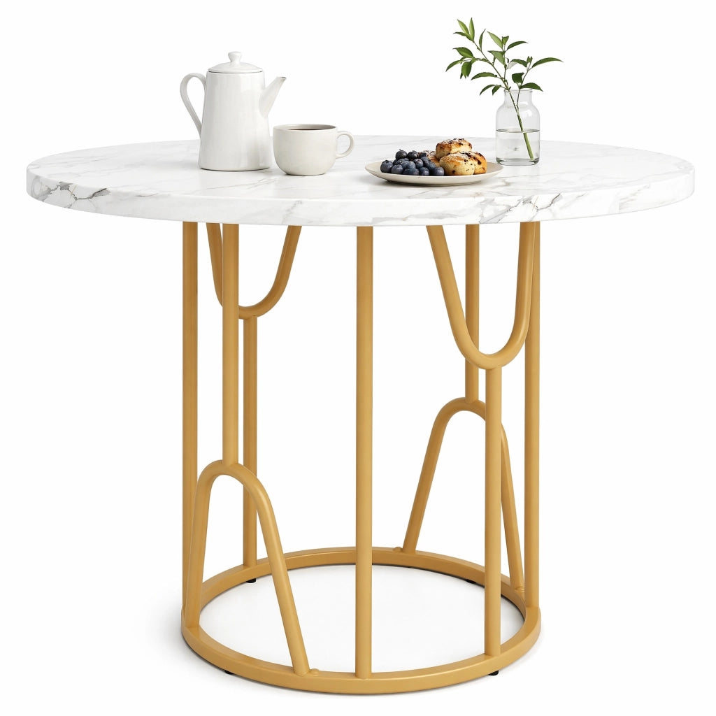 Tavolo da pranzo rotondo 80x80x76 cm in MDF e metallo; gambe oro; stile classico