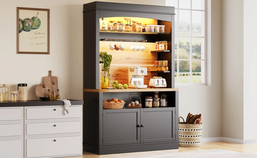 Mobile cucina alto 107x43x184 cm con LED, ripiani aperti e anta nera