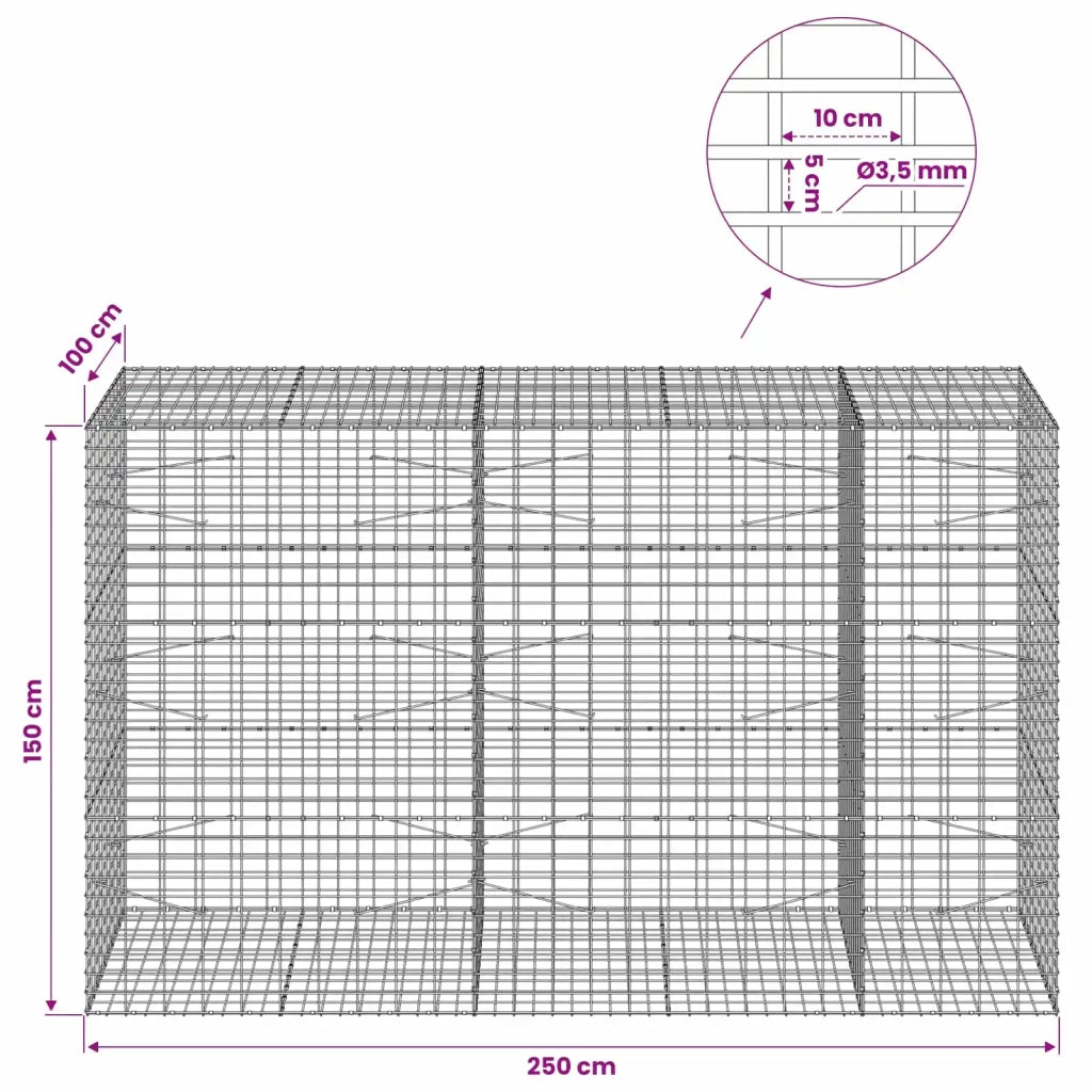 Gabione con Filo da 3,5 mm e Rete da 5x10 cm 250x100x150 cm 3462935