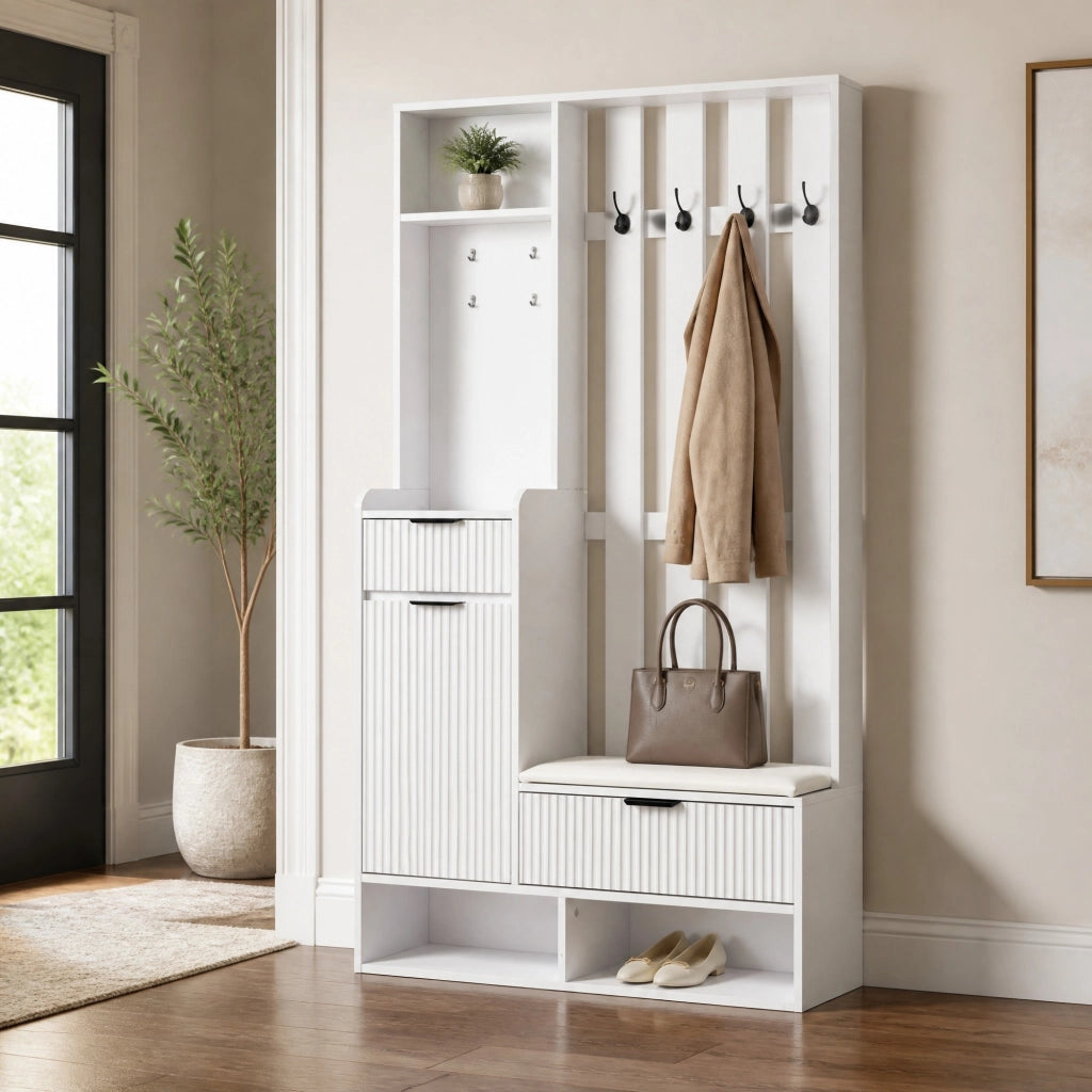 Guardaroba da ingresso 6 in 1 con panca e contenitore, bianco