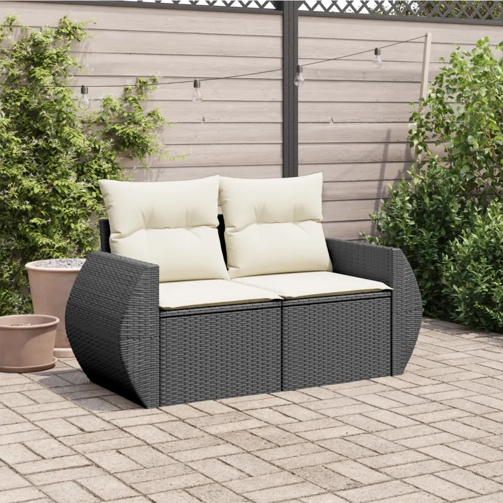 Divano da Giardino con Cuscini a 2 Posti-Sofa da Giardino-Divano da esterno Nero in Polyrattan 148875