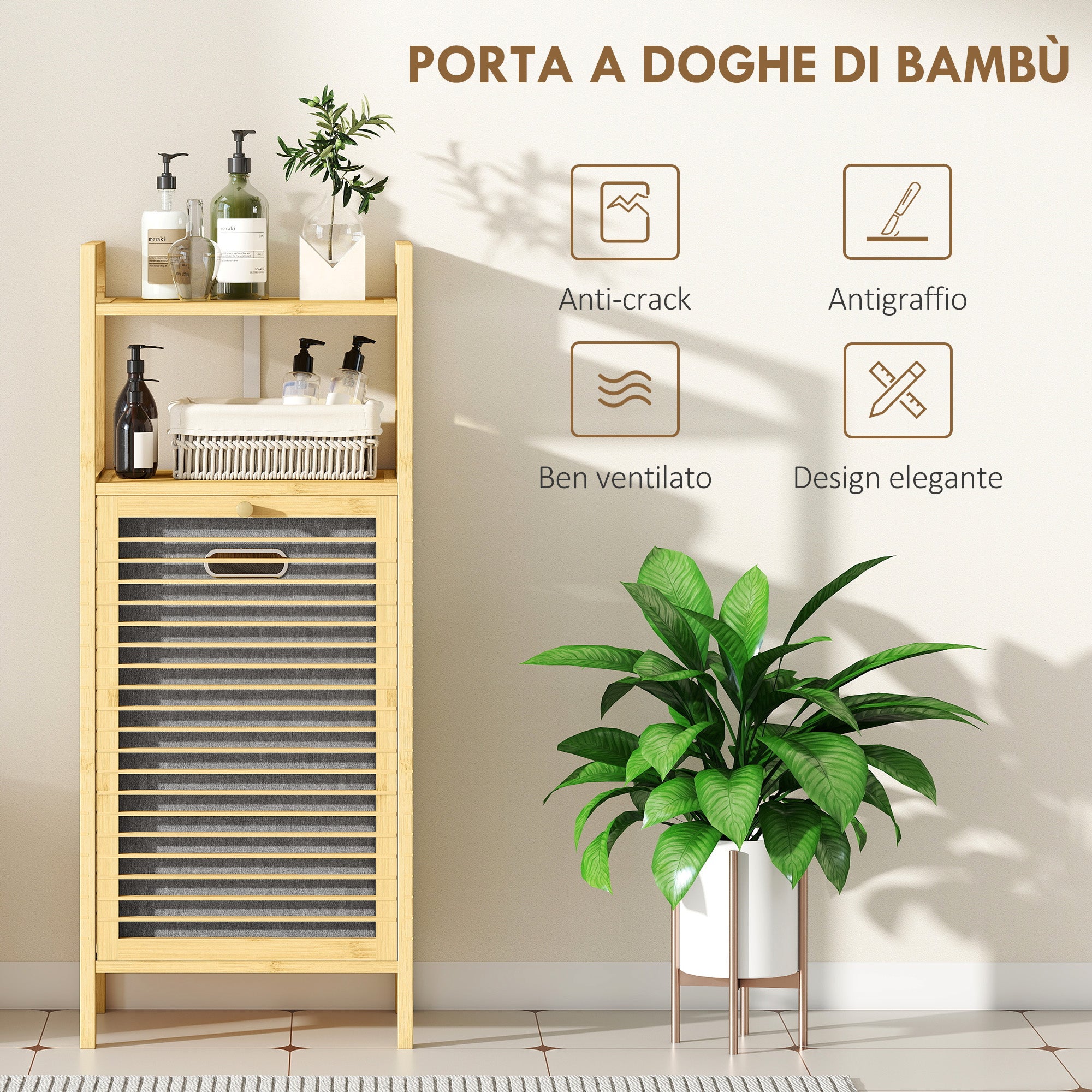Mobile Bagno a Doghe con Cesto Portabiancheria 40x30x95 cm Apertura a Ribalta in Bambù e Poliestere Grigio e Legno