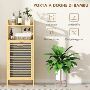 Mobile Bagno a Doghe con Cesto Portabiancheria 40x30x95 cm Apertura a Ribalta in Bambù e Poliestere Grigio e Legno