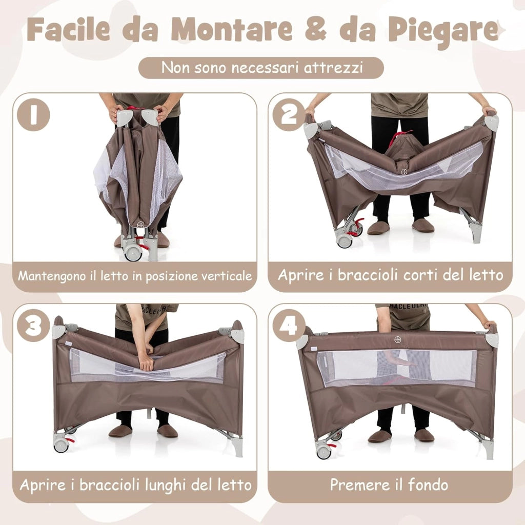 4 in 1 Lettino per Bambini con Materasso, Lettino Culla da Viaggio per Neonati, Culla Neonato con Fasciatoio, Box Portatile Pieghevole, con Ruote e Borsa, 125 x 65 x 119 cm (Caffè)