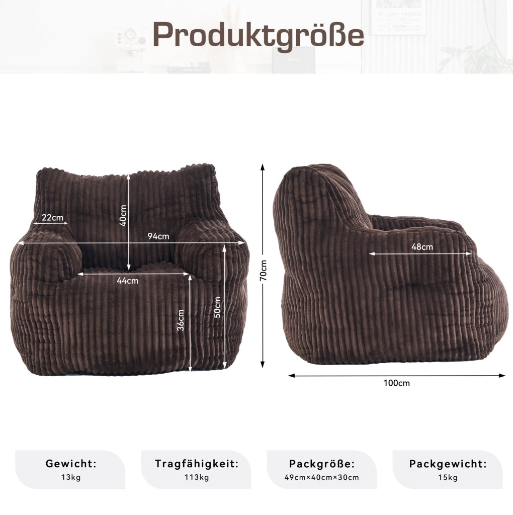 Pouf Sacco Imbottito in Velluto a Coste 100x94x70 cm; con Memory Foam; Marrone; per Interni