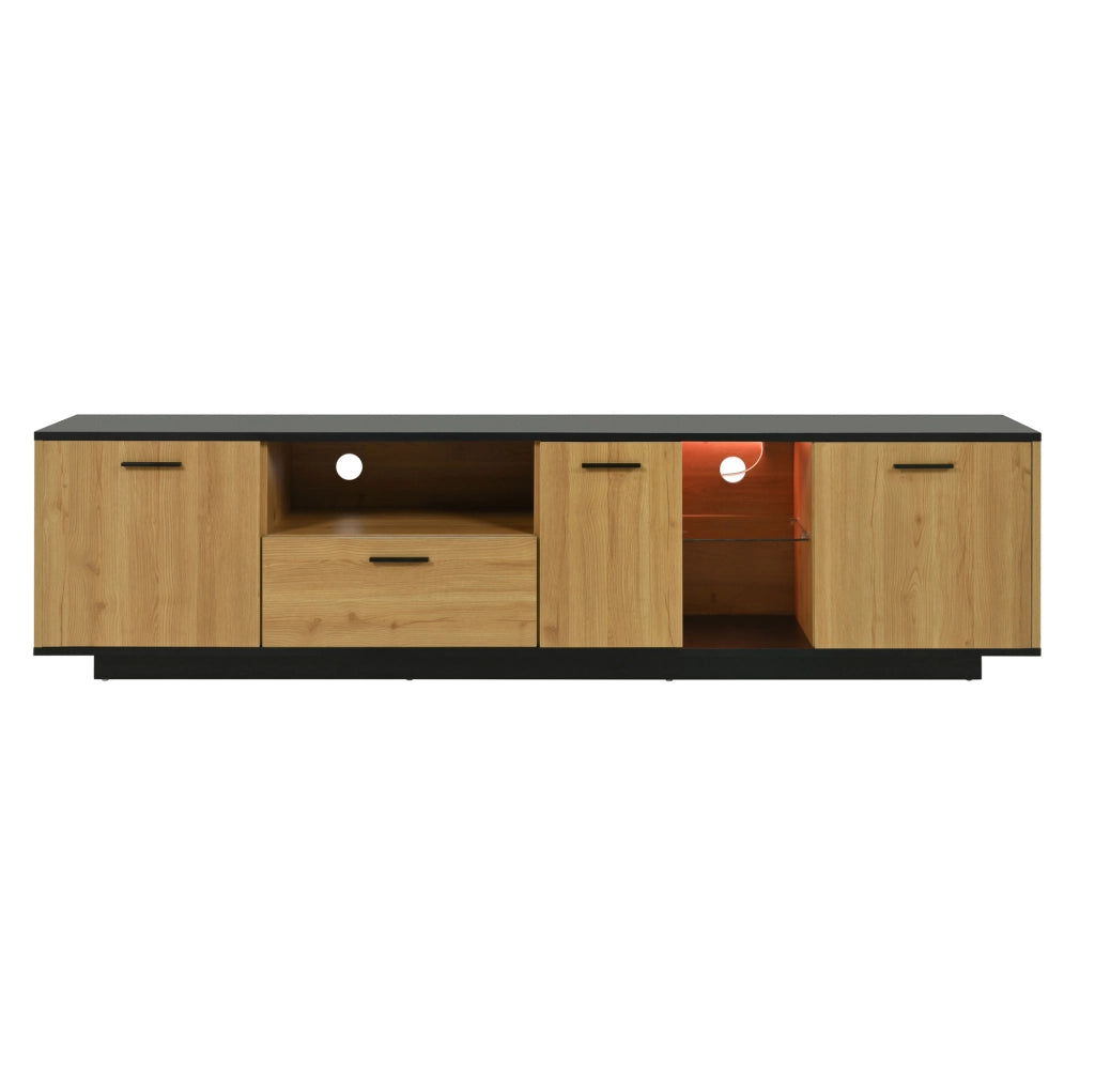 Mobile TV 180 cm nero e legno con LED, 3 ante e cassetto
