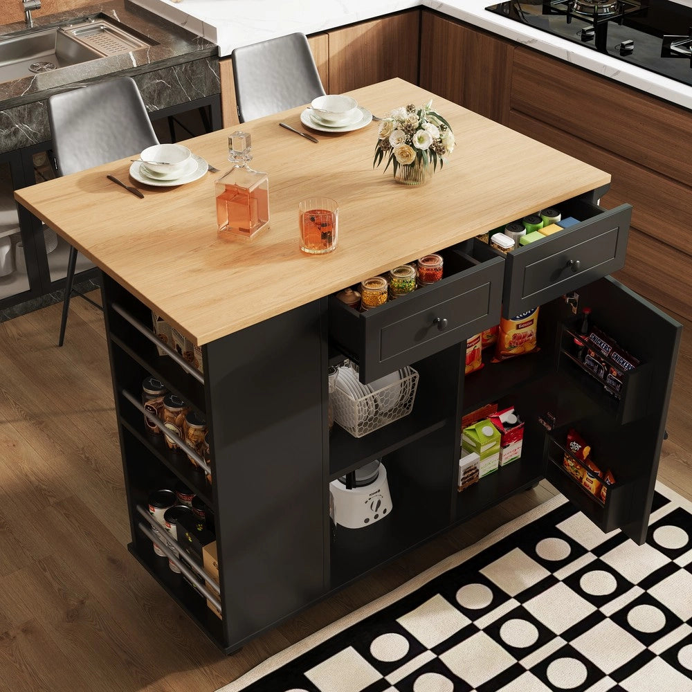 Isola Cucina con Ripiani e Portabottiglie ¨C Xylo ¨C Nero, Piano in Legno