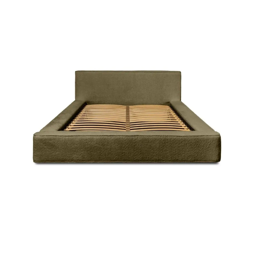 Letto contenitore VELORA – Olive bouclé – 180x200 cm – Tessuto velluto morbido – Rete sollevabile – Contenitore integrato