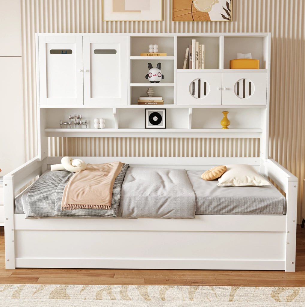 Letto singolo ULEVR 90x200 cm con vano contenitore idraulico e mobile sopra testata, bianco