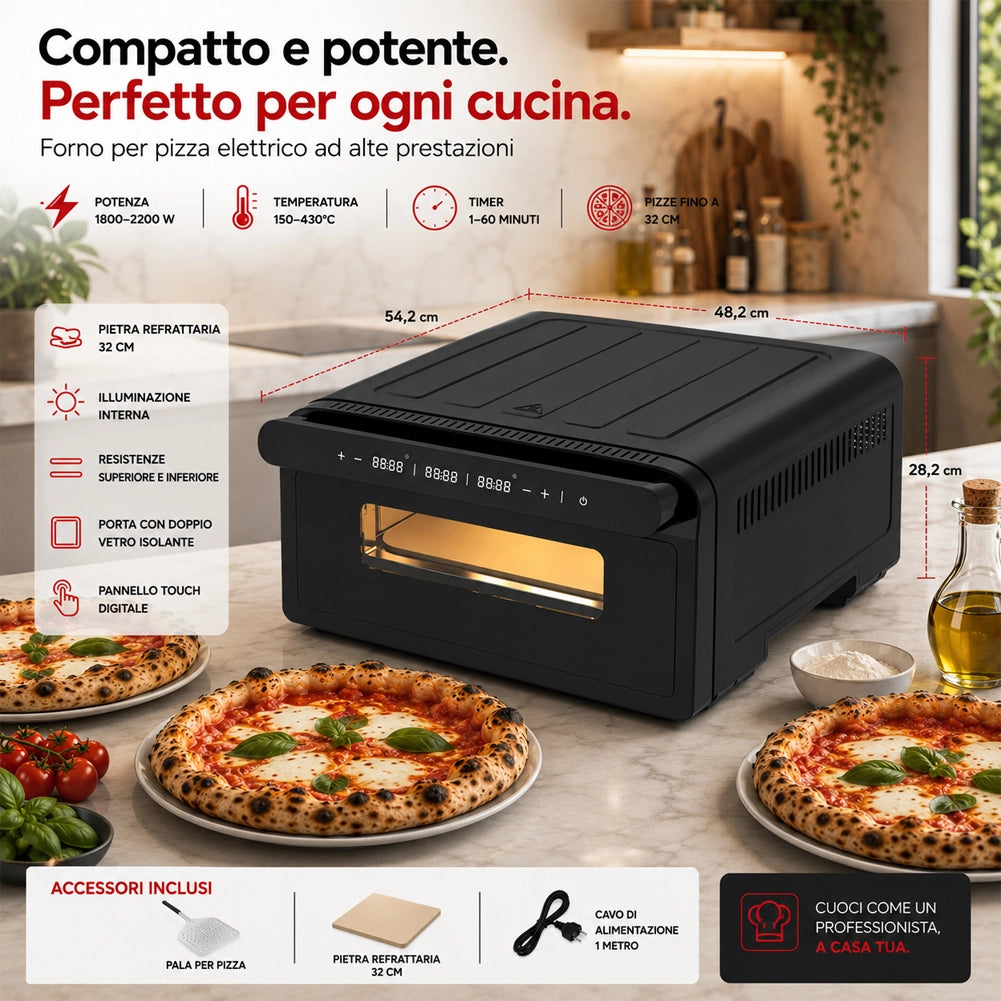 Forno Elettrico per Pizze 2200W Pizza Maker Cottura Uniforme Temperatura 150-430° Nero
