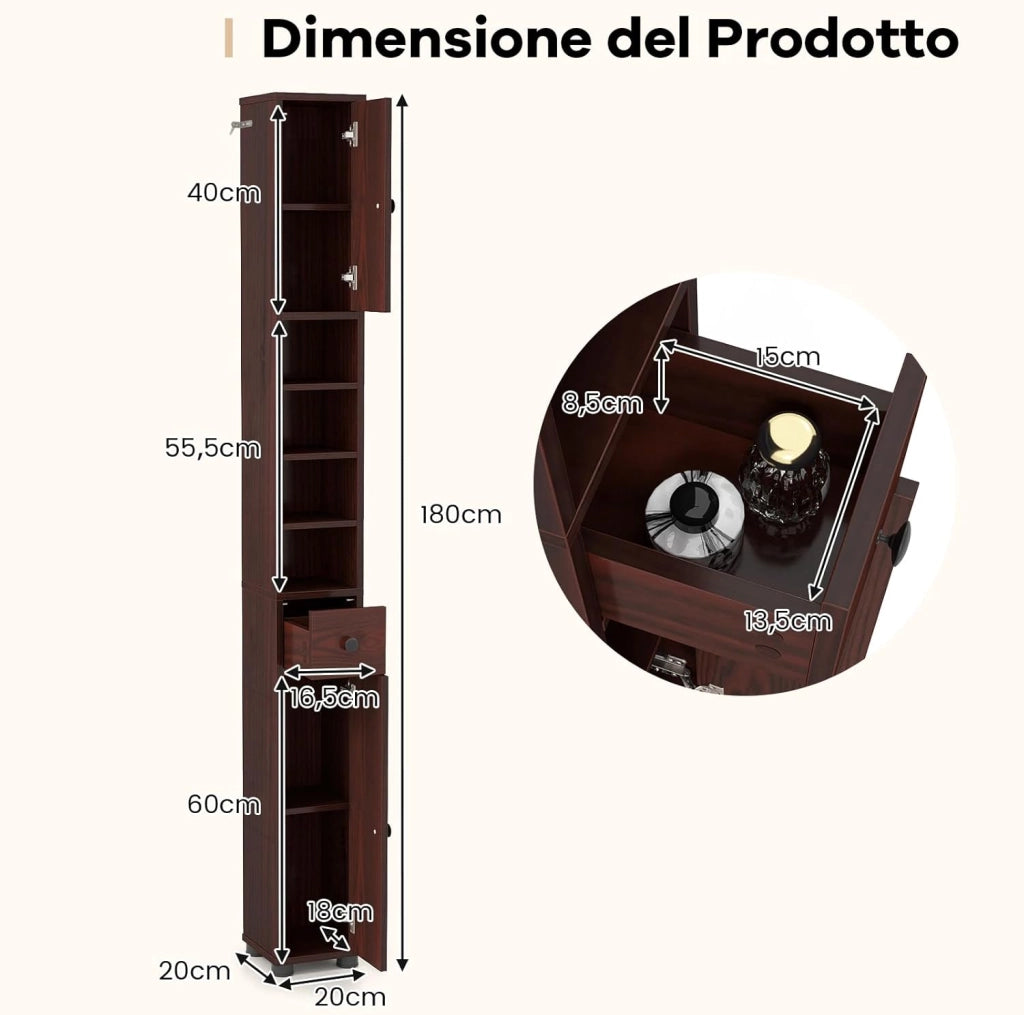 Mobile Bagno Alto Stretto, Mobiletto Colonna Salvaspazio con 1 Cassetto, 5 Ripiani Regolabili e Struttura Antiscivolo, Mobile a Terra per Ingresso, 20 x 20 x 180 cm (4 Ripiani, Marrone)