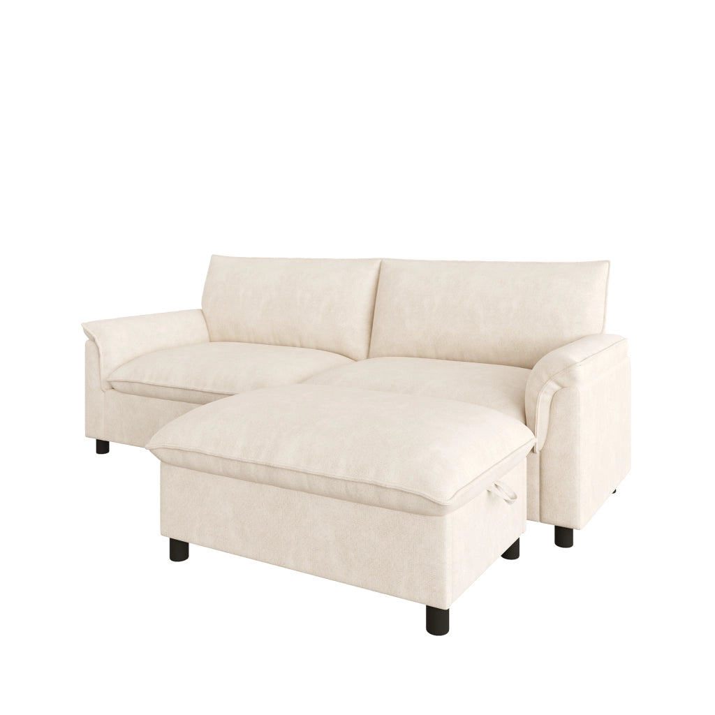 Divano angolare modulare con pouf contenitore e funzione letto in chenille beige