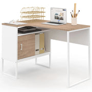 IDMarket - Scrivania angolare ROB in bianco e faggio con nicchia di contenimento e anta dal design industriale