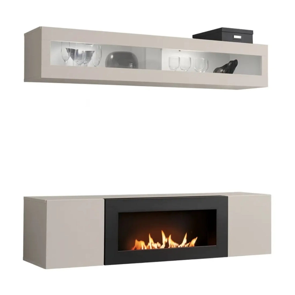 Composizione murale FLY cashmere con vetrina orizzontale e mobile TV con camino a bioetanolo