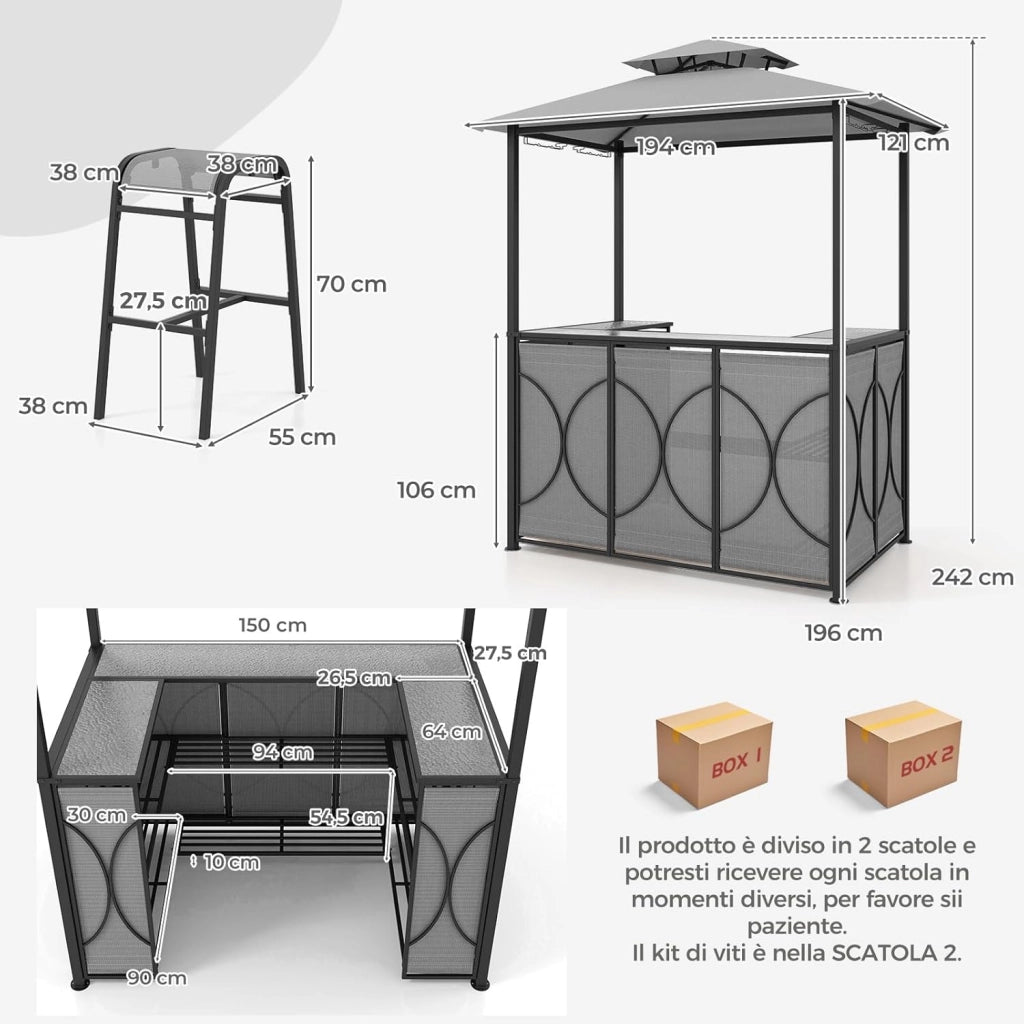 Set Bar da Patio a 3 Pezzi, Gazebo per Griglia e 2 Sgabelli da Bar con Tavolo in Vetro Temperato, Ripiani in Metallo, Portabicchieri, per Giardino Cortile e Spiaggia (Grigio)