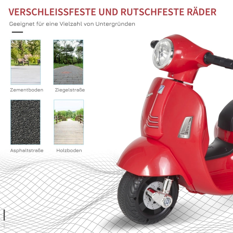 Vespa, moto elettrica per bambini, con luci a LED e suoni, adatta a bambini dai 18 ai 36 mesi, colore rosso.