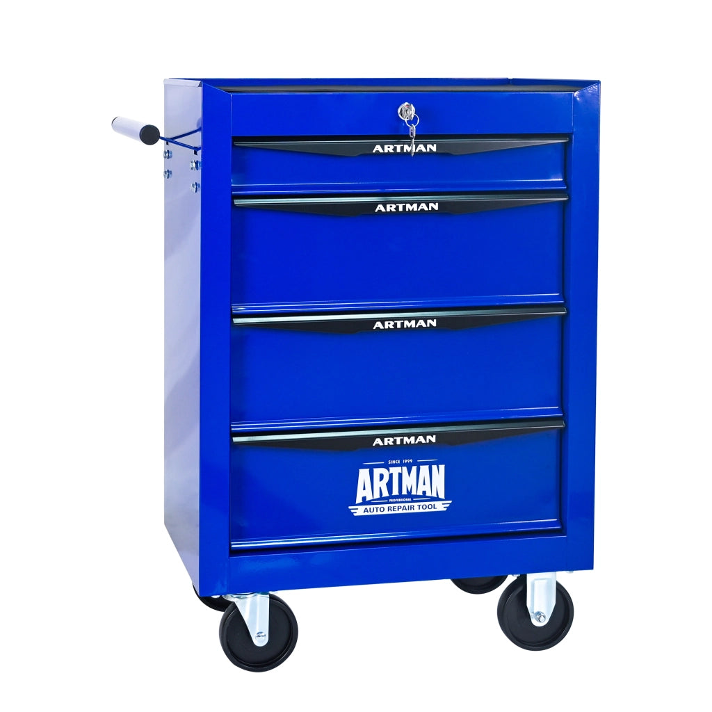 Cassettiera con ruote in acciaio con 4 cassetti e guide a sfere per garage e officina nero blu 60 × 33 × 77,5 cm
